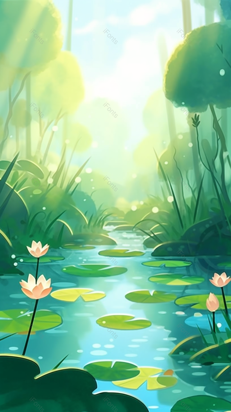 夏季蓝天朦胧阳光照耀山川节气绿色荷花荷叶池塘河流清澈清爽插画,插画/手绘图,插画/手绘图库,插画/手绘图下载,插画/手绘